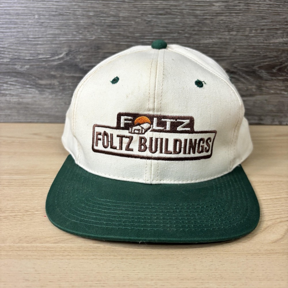 Vintage Foltz Buildings Hat Cap Snap Back Green White Embroidered Barn Mens